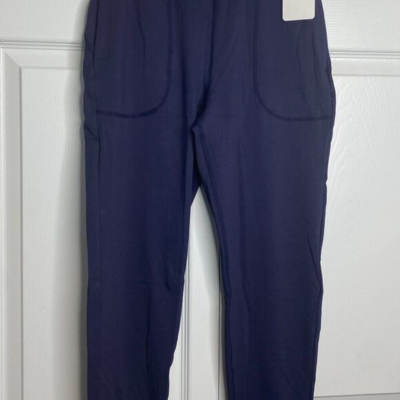 Women's High Waisted Wide Waistband Joggers. Navy. Stretchy. - Picture 10 of 10
